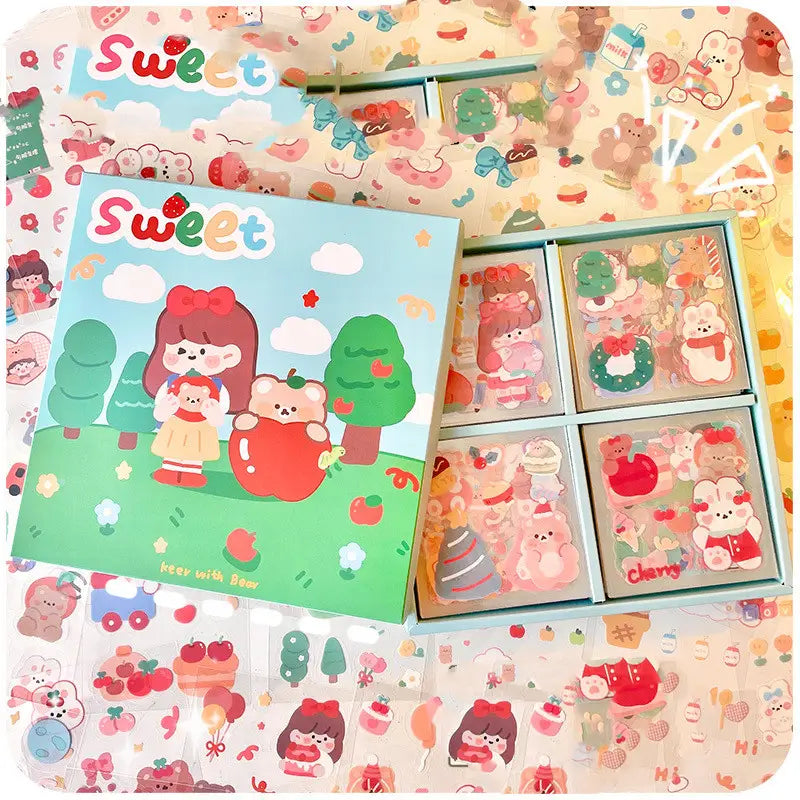 Cute sticker set featured in Waterproof Transparent 100 Sheets Sticker Set for creative use.