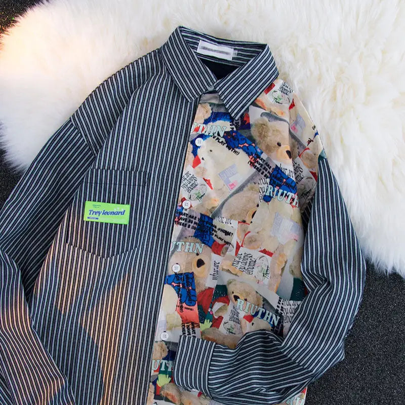 Bear Print Striped Shirt For Men And Women Niche Beyond Trends Hub