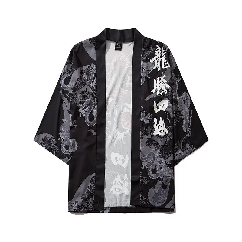 Bebovizix Dragon Print Yukata Men Women Fashion Cardigan Loose Blouse Haori Obi Asian Clothes Harajuku Japanese Cosplay Kimono - Beyond Trends Hub 