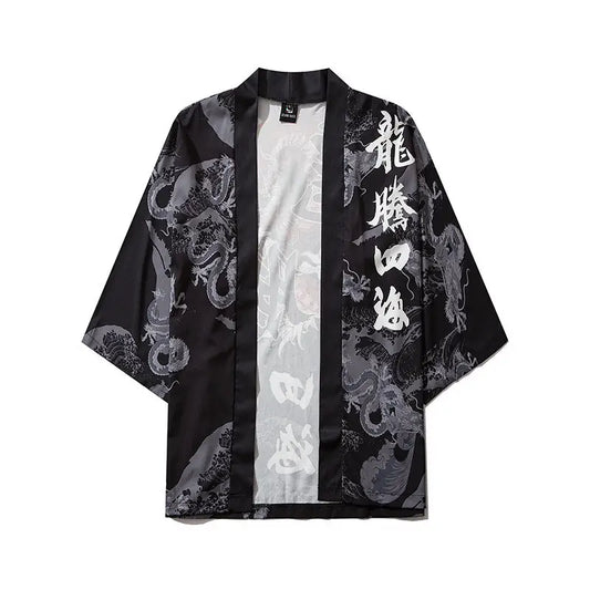 Bebovizix Dragon Print Yukata Men Women Fashion Cardigan Loose Blouse Haori Obi Asian Clothes Harajuku Japanese Cosplay Kimono - Beyond Trends Hub 