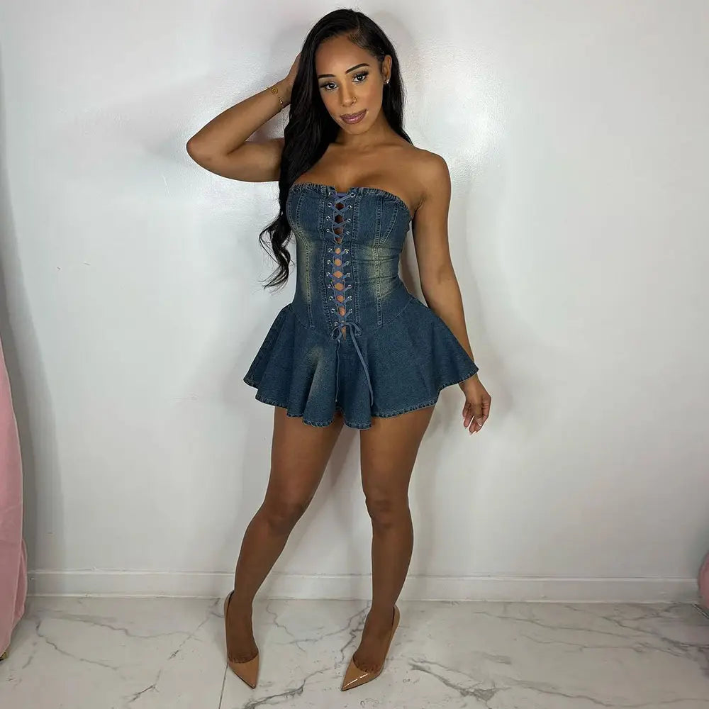 Women’s Zipper Lace-up Chest Wrap Short Denim Dress