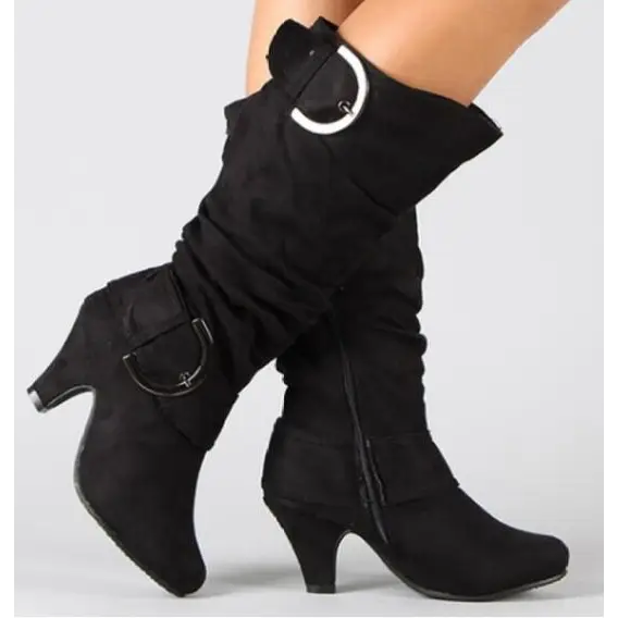 Belt buckle mid boots zipper ladies shoes - Black / 40