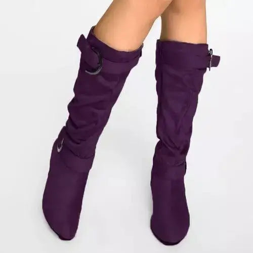 Belt buckle mid boots zipper ladies shoes - Purple / 40