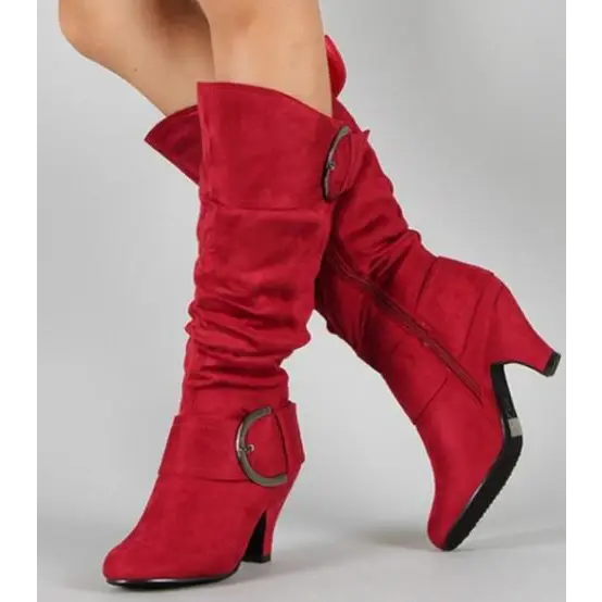 Belt buckle mid boots zipper ladies shoes - Red / 43
