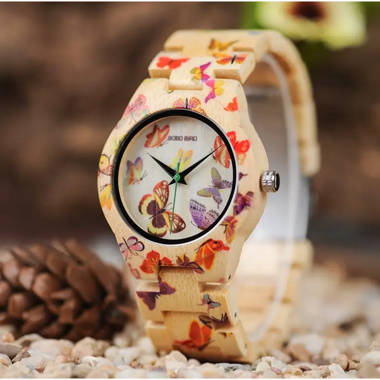 BOBO BIRD O20 Butterfly Print Women Watches All Bamboo Made Quartz Wristwatch for Ladies in Wooden Gift Box - Beyond Trends Hub 