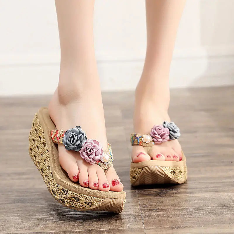 Bohemian Ladies Beach Shoes Platform Flip Flops - Beige / 35
