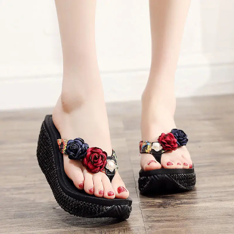 Bohemian Ladies Beach Shoes Platform Flip Flops - Black / 35