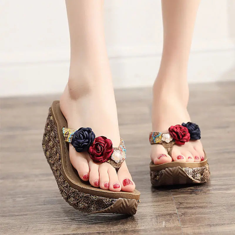 Bohemian Ladies Beach Shoes Platform Flip Flops - Brown / 35