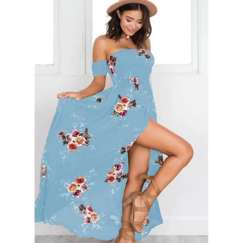 Boho style long dress women Off shoulder beach summer dresses - blue / L