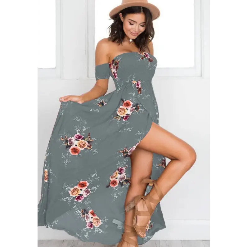 Boho style long dress women Off shoulder beach summer dresses - green / 5XL