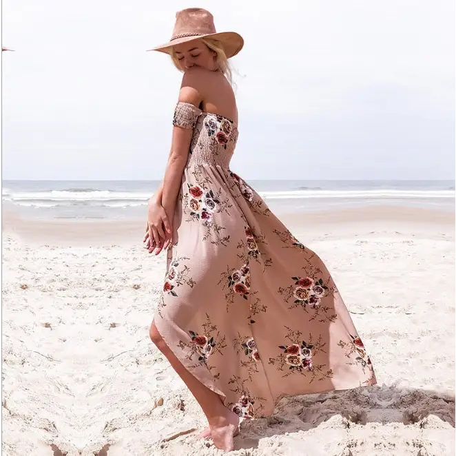 Boho style long dress women Off shoulder beach summer dresses - khaki / 5XL