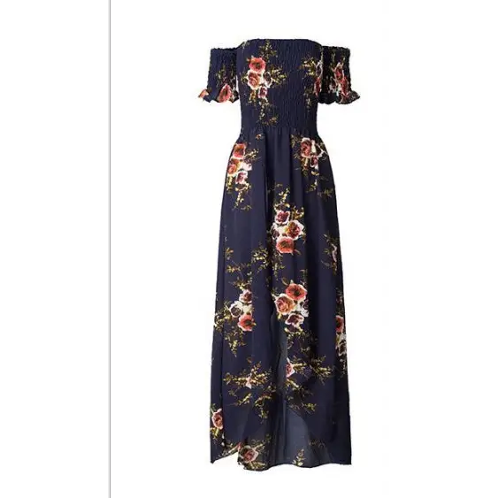 Boho style long dress women Off shoulder beach summer dresses - navy / 3XL