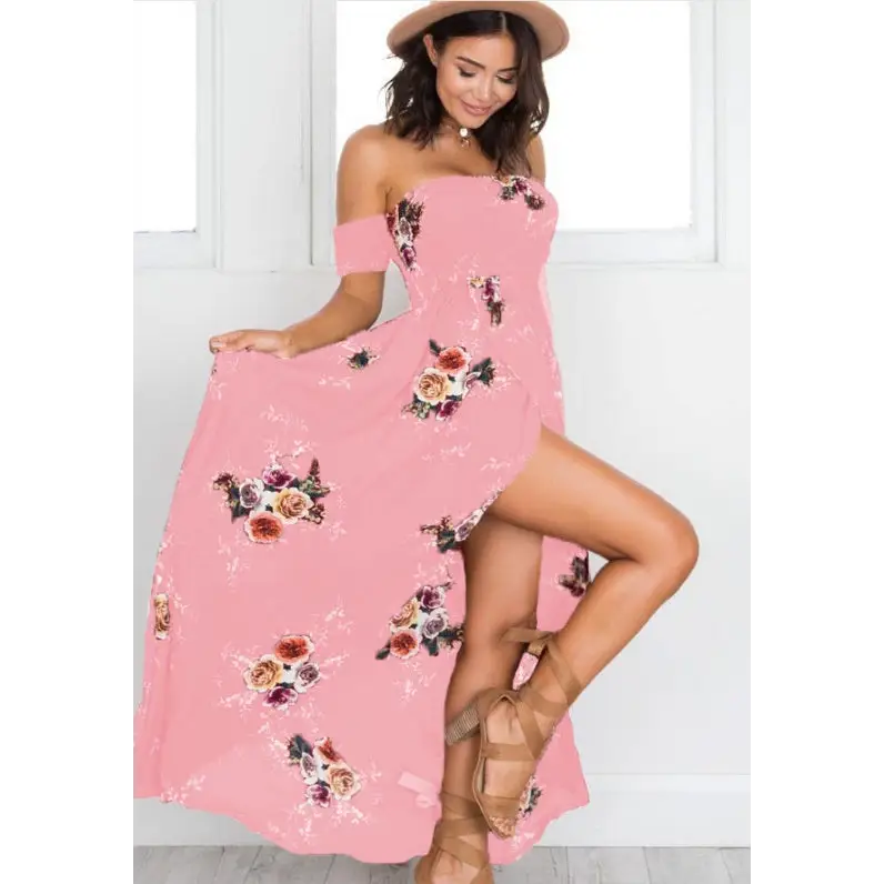 Boho style long dress women Off shoulder beach summer dresses - pink / 5XL