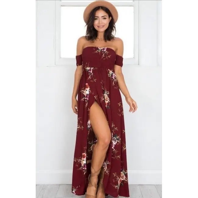 Boho style long dress women Off shoulder beach summer dresses - red / XL