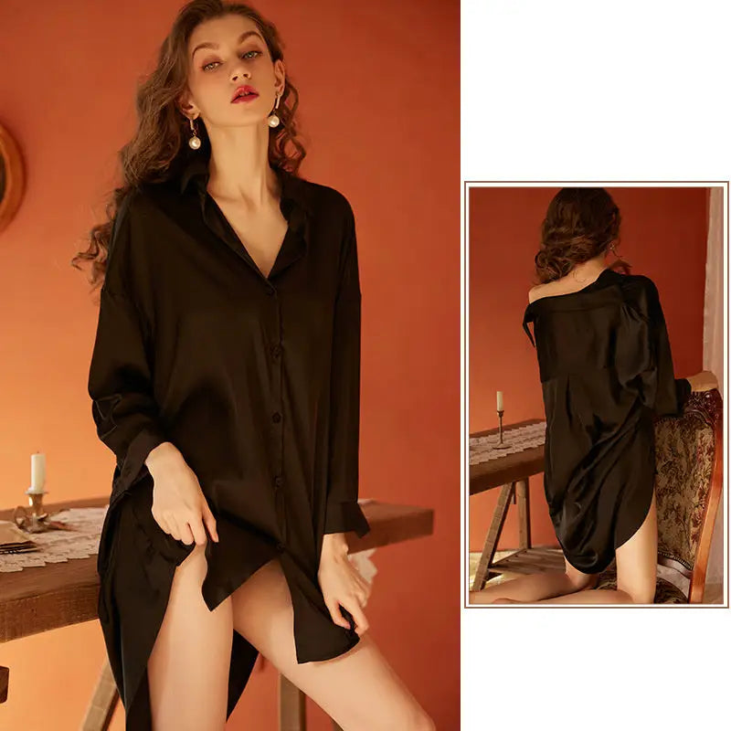 Boyfriend Style Shirt Pajamas Women Morning Gown Silk Home Clothes - Beyond Trends Hub 