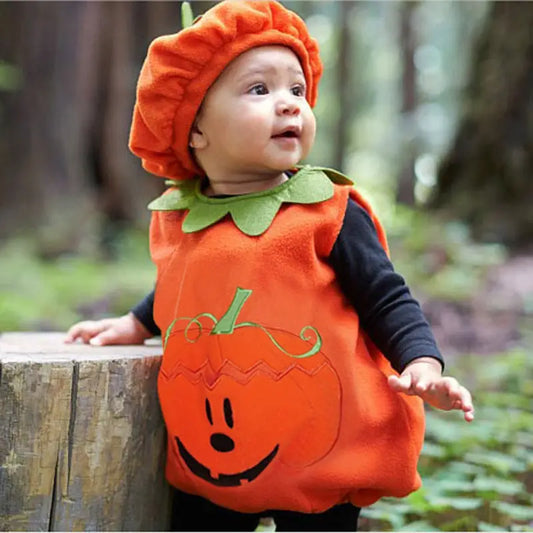 Boys And Girls Sleeveless Pumpkin Shaped Pocket Jacket Hat Two-piece Children's Wear - Beyond Trends Hub 