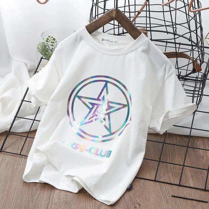 Boys’’ Short Sleeve T-shirt Net Red Laser Reflective Cub Children’’s Top Fashion - White / 100