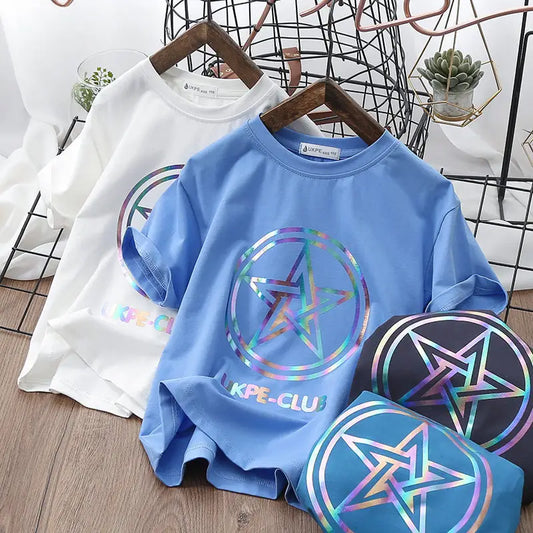 Boys’’ Short Sleeve T-shirt Net Red Laser Reflective Cub Children’’s Top Fashion