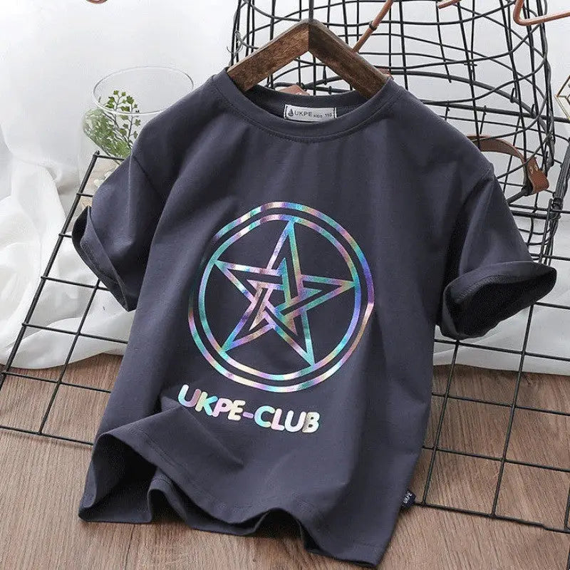 Boys’’ Short Sleeve T-shirt Net Red Laser Reflective Cub Children’’s Top Fashion - Grey / 100