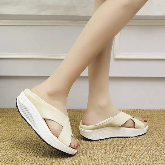 Breathable Fashion Casual Ladies Fish Mouth Shaking Shoes - Beige / 35
