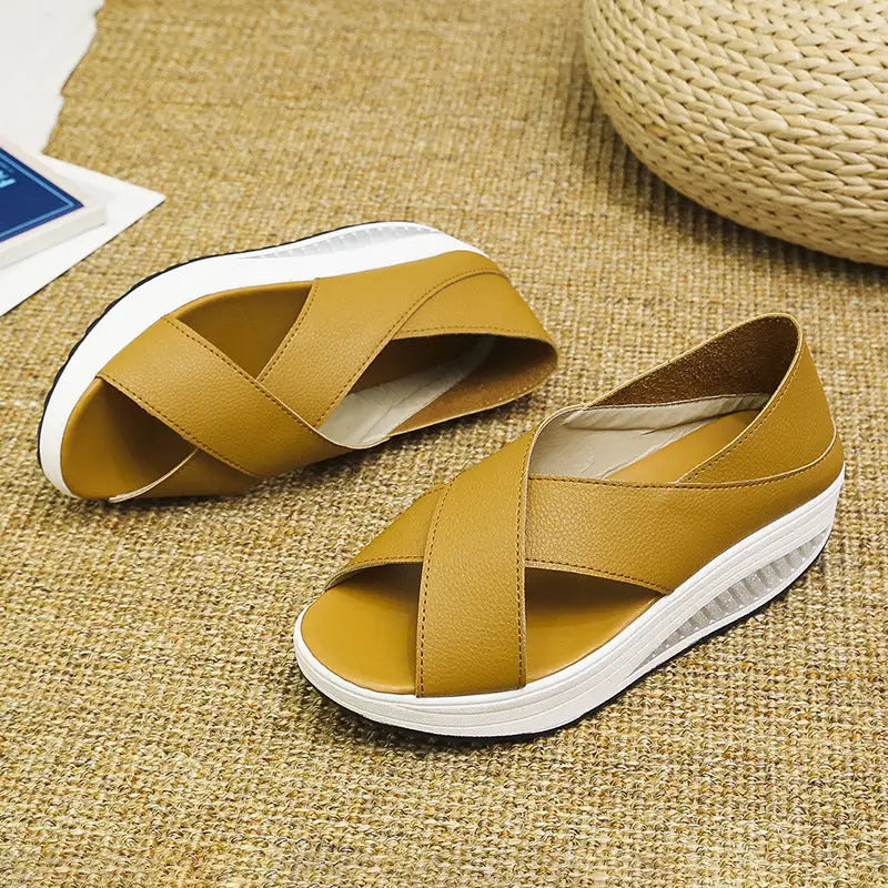 Breathable Fashion Casual Ladies Fish Mouth Shaking Shoes - Brown / 35