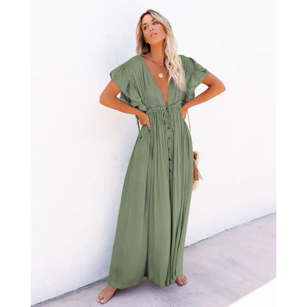 Buttoned Waist Rope Long Skirt Sunscreen Shirt Women - Deep olive green / One size