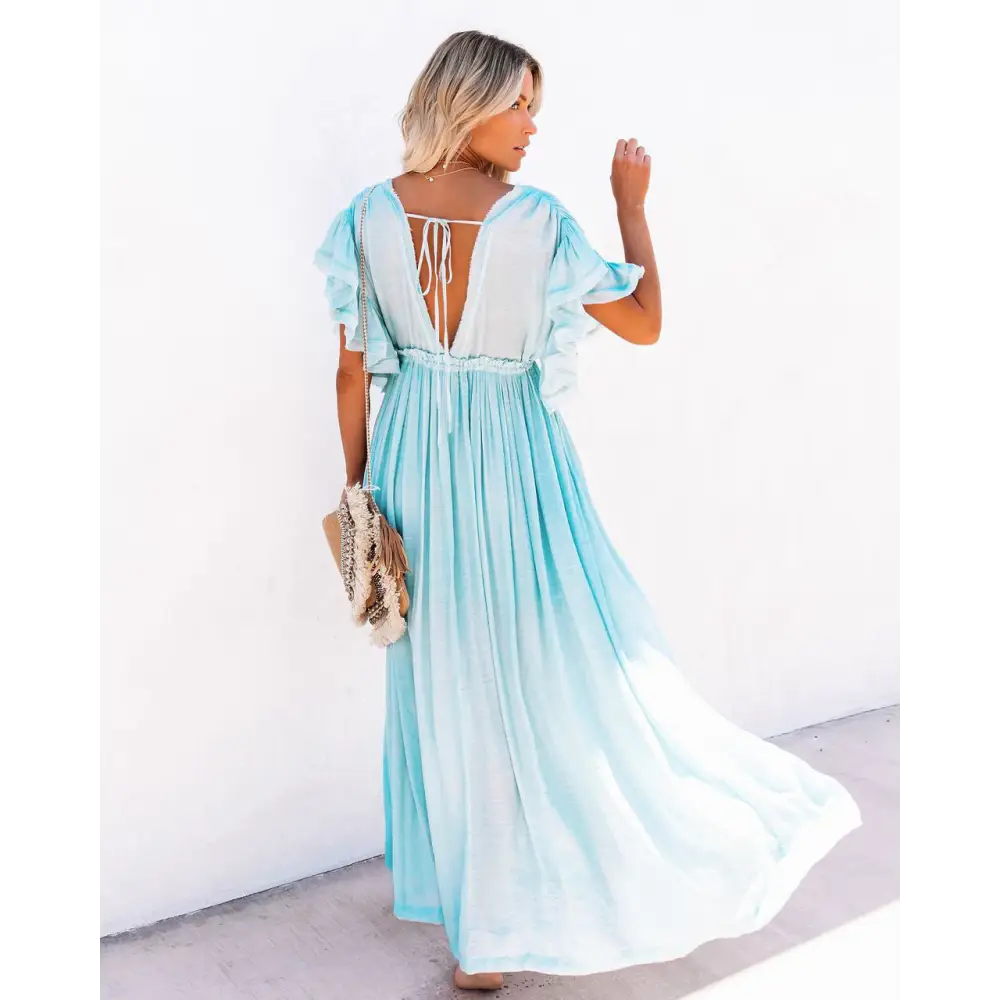 Buttoned Waist Rope Long Skirt Sunscreen Shirt Women - Light cyan / One size