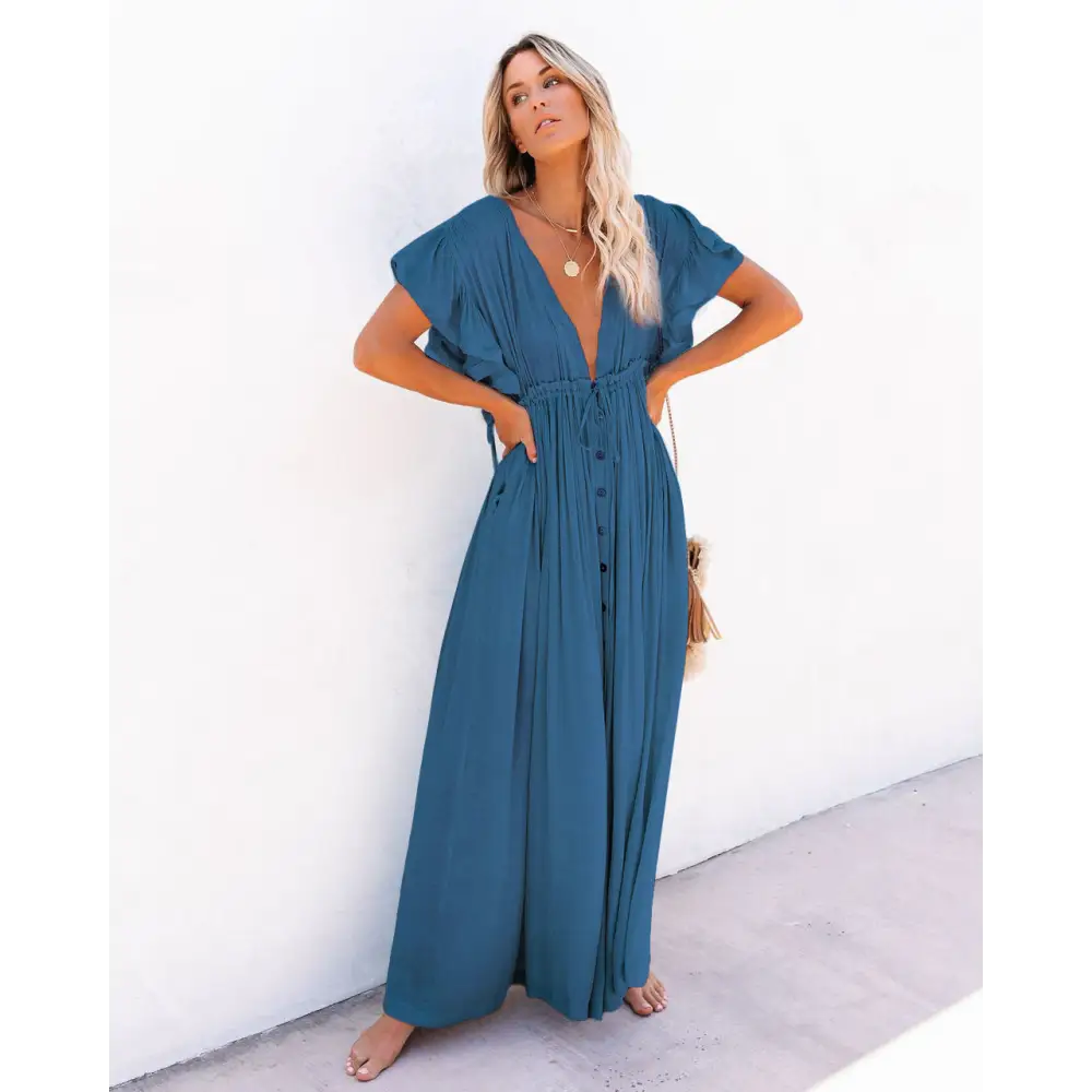 Buttoned Waist Rope Long Skirt Sunscreen Shirt Women - Royal blue / One size