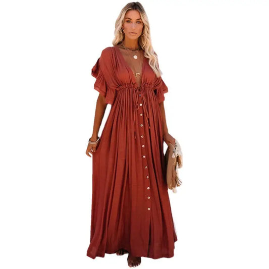 Buttoned Waist Rope Long Skirt Sunscreen Shirt Women