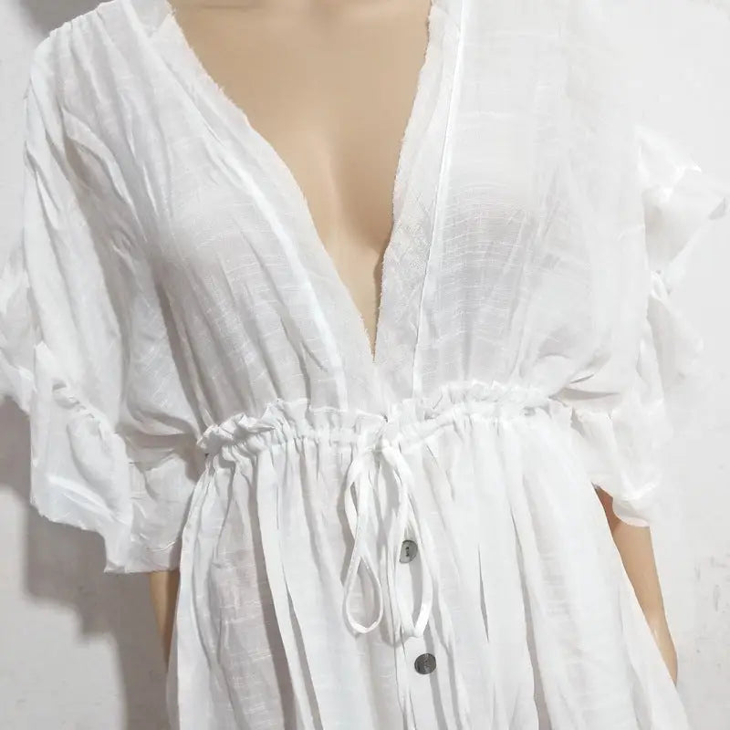 Buttoned Waist Rope Long Skirt Sunscreen Shirt Women - White / One size