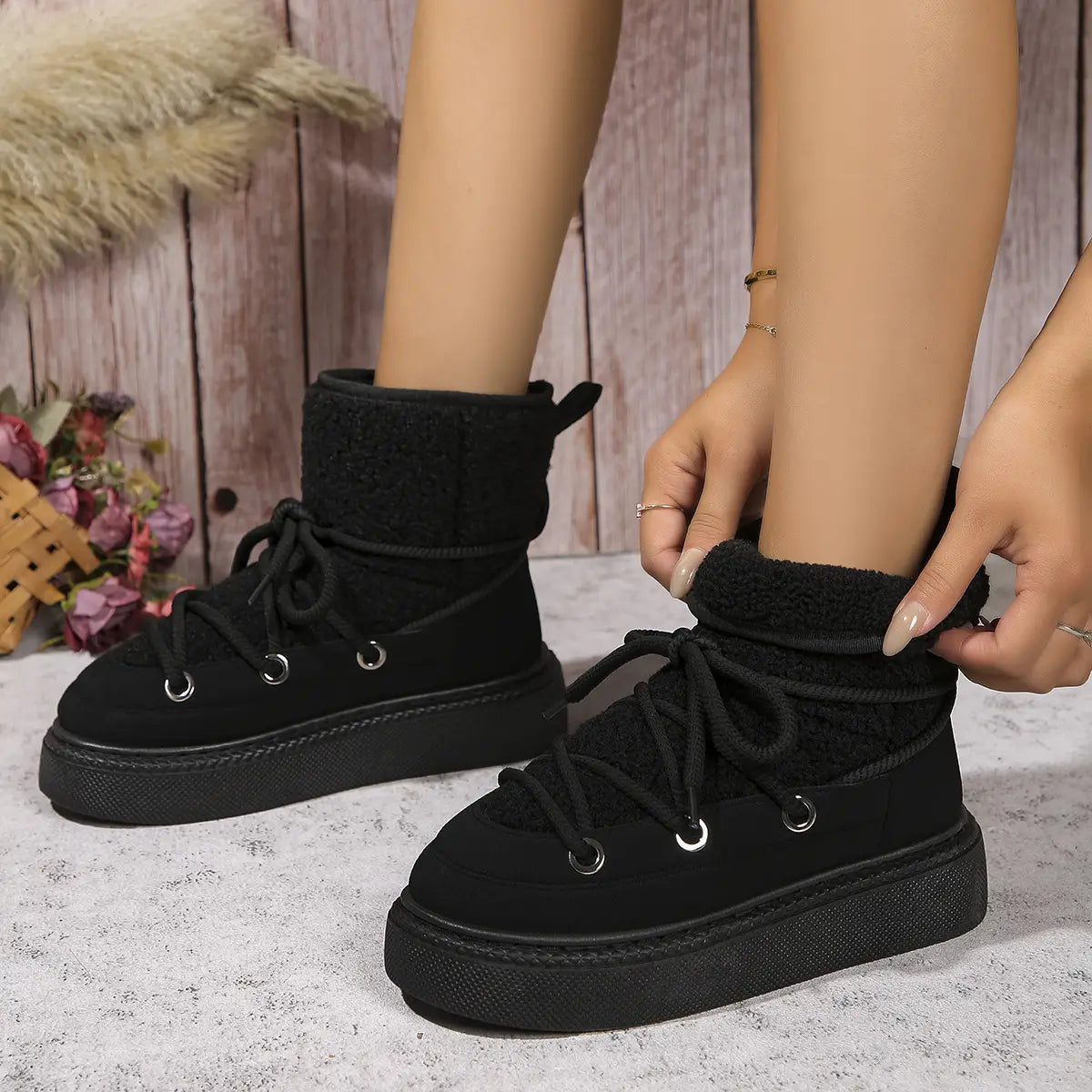 Fashion Lace-up Snow Boots Winter Flat Thick-soled Height-enhancing Cotton Shoes For Women Casual Warm Short Boot