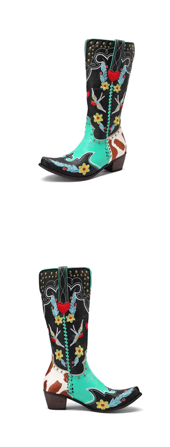 Denim Western Shoes Women’s Leather Boots Exquisite Embroidery