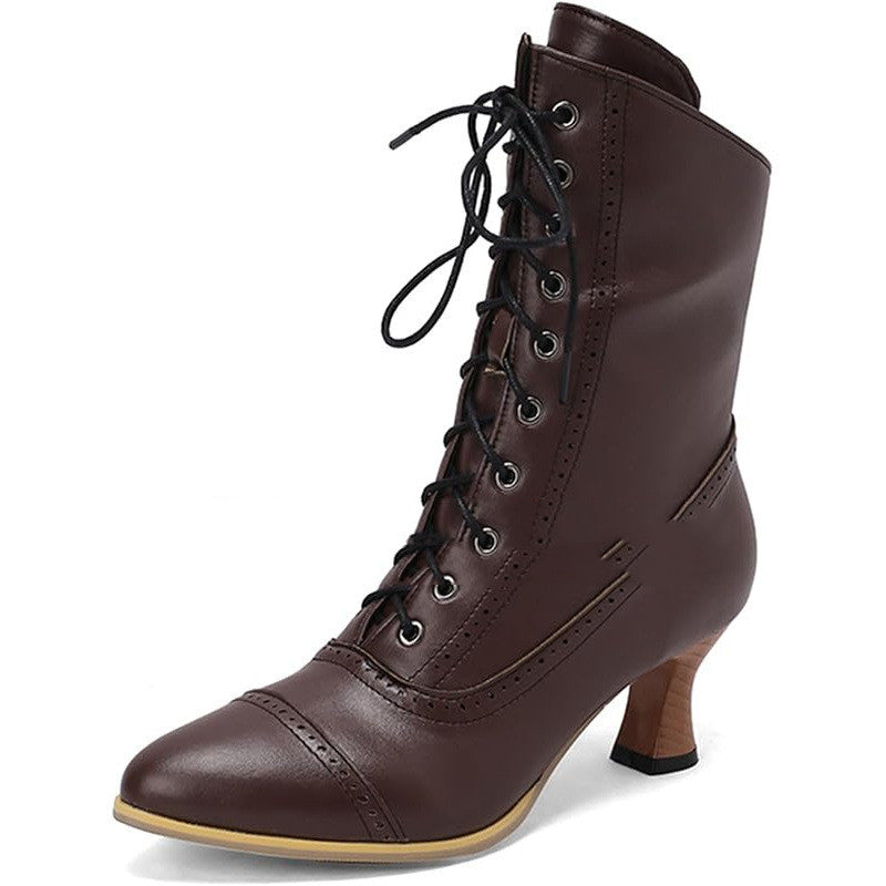 Womens Vintage Granny Renaissance-style Ankle Boots Low-heeled Lace-up Booties With Zippers
