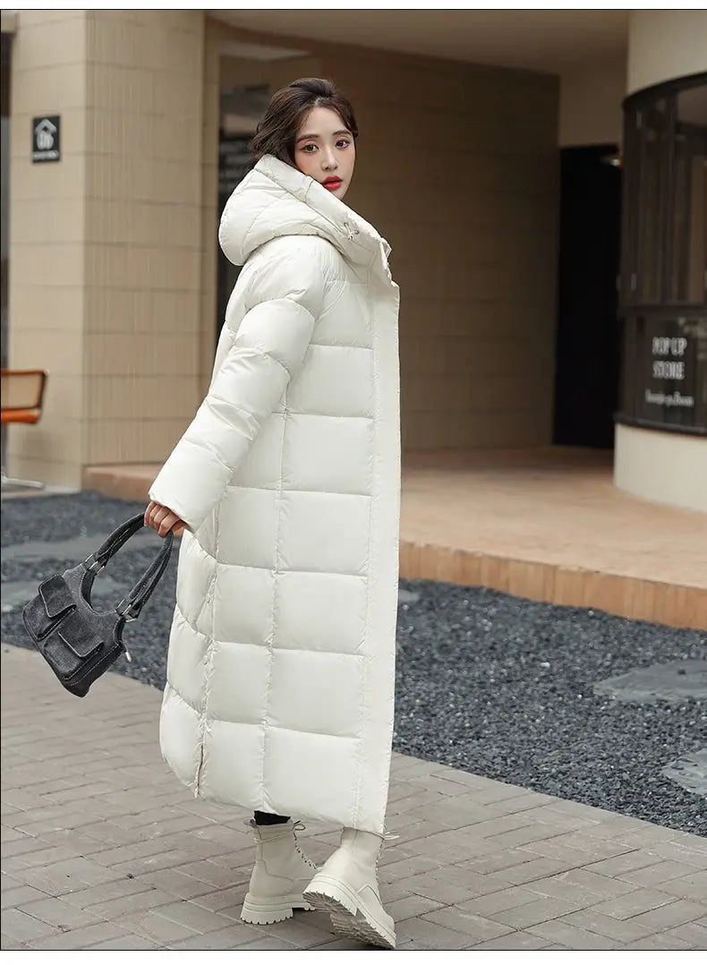 Women’s Super Long Down Jacket Winter Puffer Thick Coat Black Red Hooded Zipper Keep Warm Fall Winter Casual Clothes