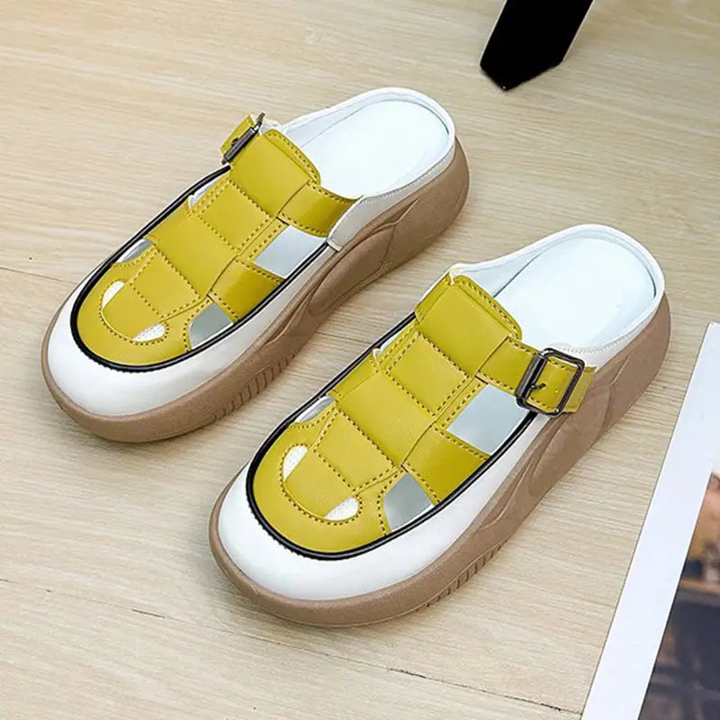 Thick-soled Closed-toe Slippers Summer Outdoor Garden Hollow Buckle Slide Sandals Casual Beach Shoes