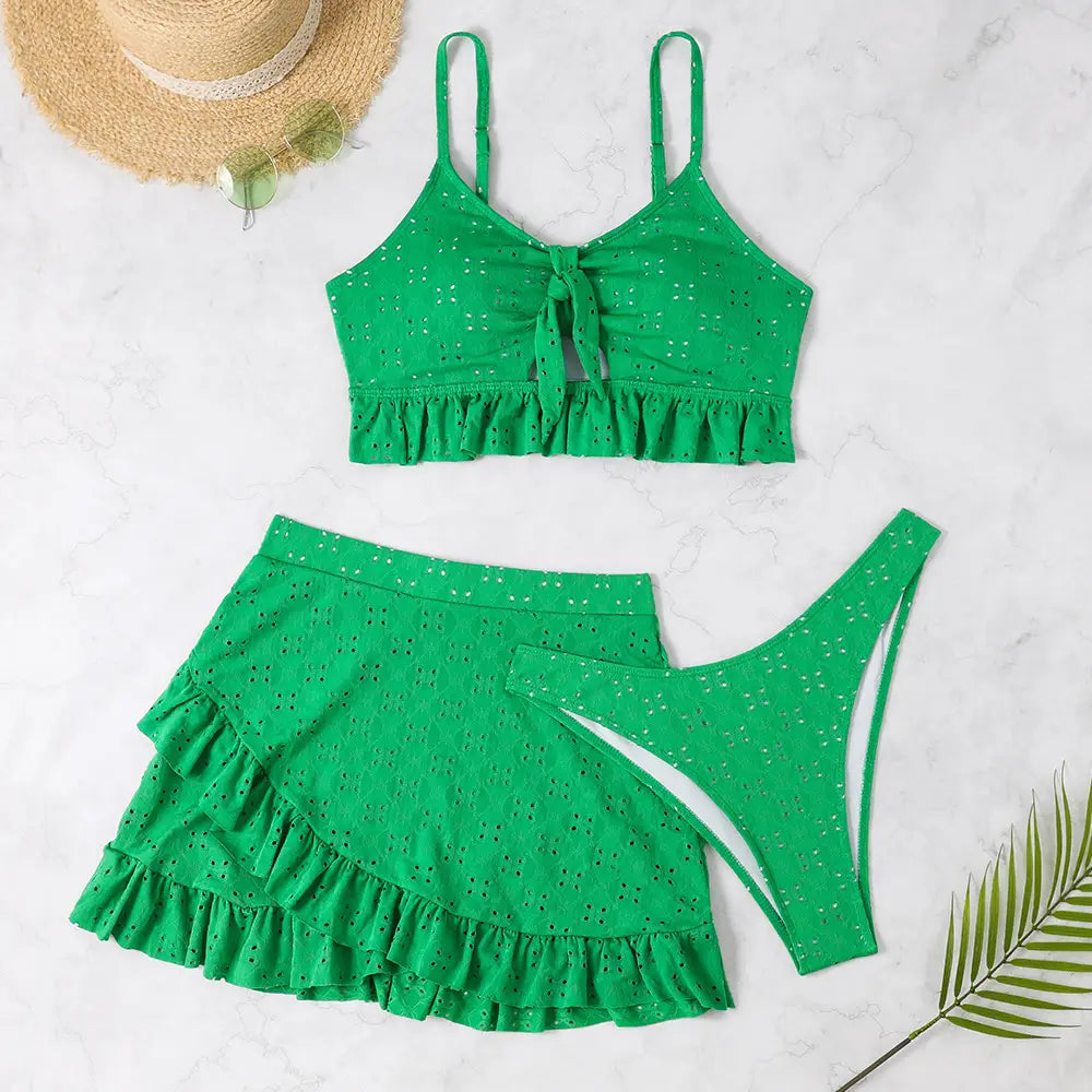 3pcs Beach Bikini With Hip-hugging Skirt Fashion Ruffle Design Swimsuit Set Summer Womens Clothing