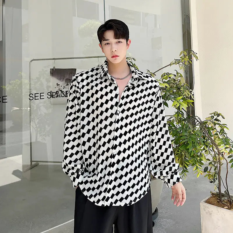 Black And White Collision Checkerboard Long-sleeved Shirt Men