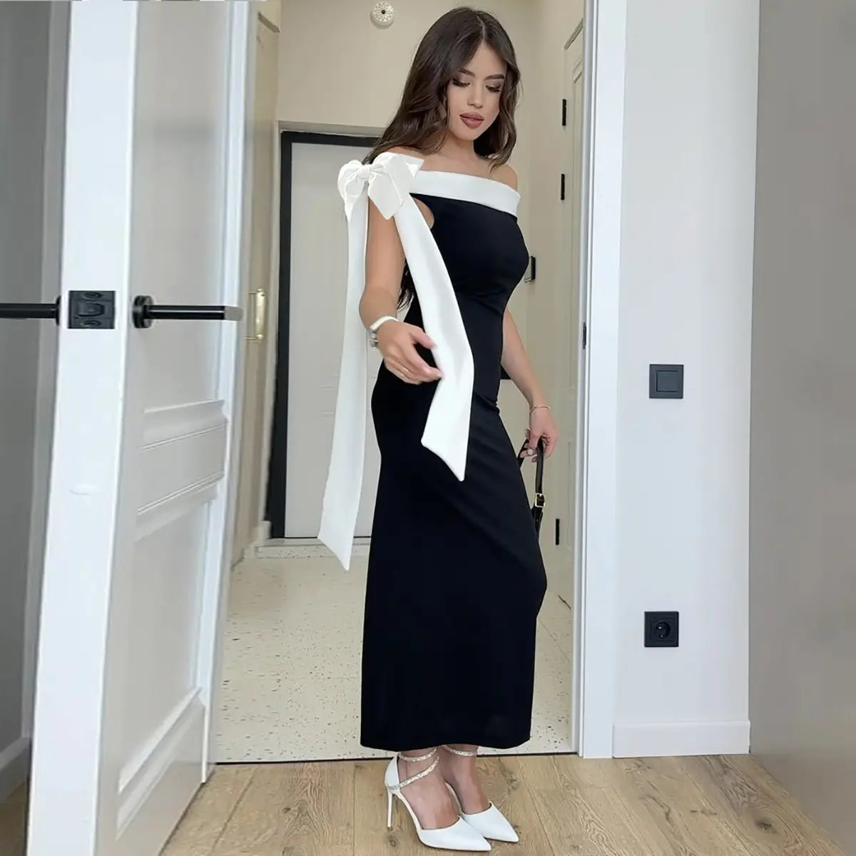 Women’s Fashion Off-shoulder Ribbon Slim Fit Dress