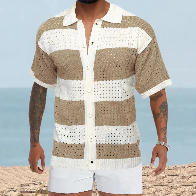 Men’s Cardigan Polo Collar Short Sleeve Color Matching Thin