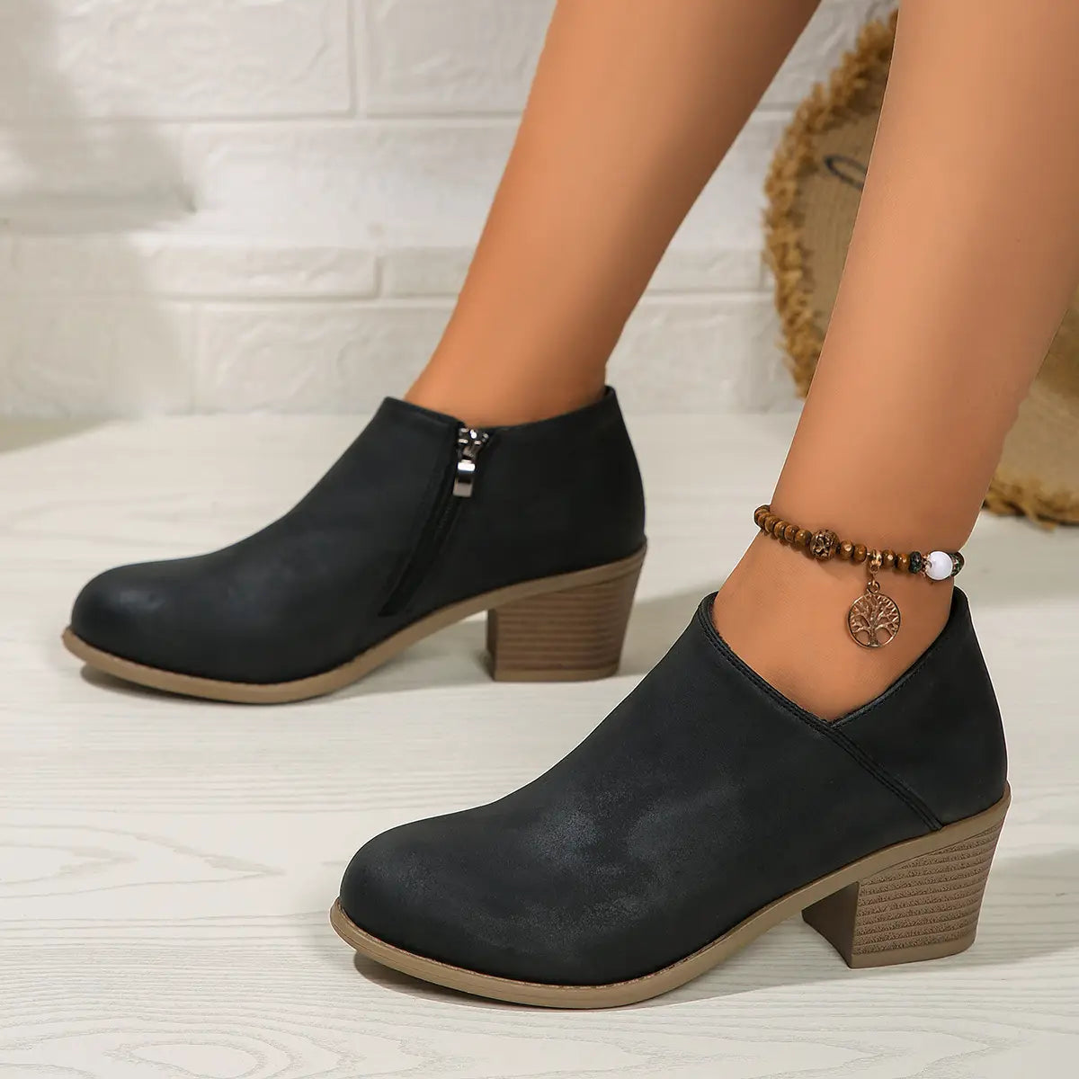 Chunky Heel Round Toe Ankle Boots With Side Zipper Design Fashion Fall Winter Short Boots For Women Shoes