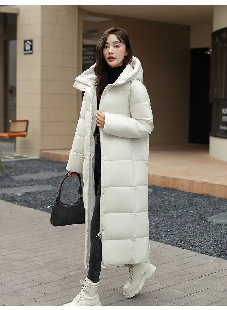 Women’s Super Long Down Jacket Winter Puffer Thick Coat Black Red Hooded Zipper Keep Warm Fall Winter Casual Clothes