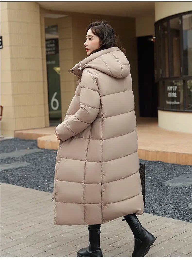 Women’s Super Long Down Jacket Winter Puffer Thick Coat Black Red Hooded Zipper Keep Warm Fall Winter Casual Clothes