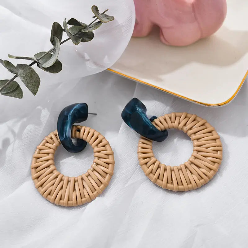 Wicker circle earrings with blue accents in Women Earrings Korean Vintage Earring collection.