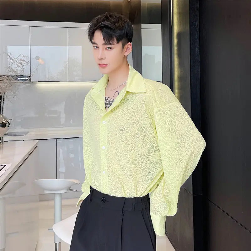 Men Transparent Embroidered Flowers Long-sleeved Shirt Sunscreen Tide