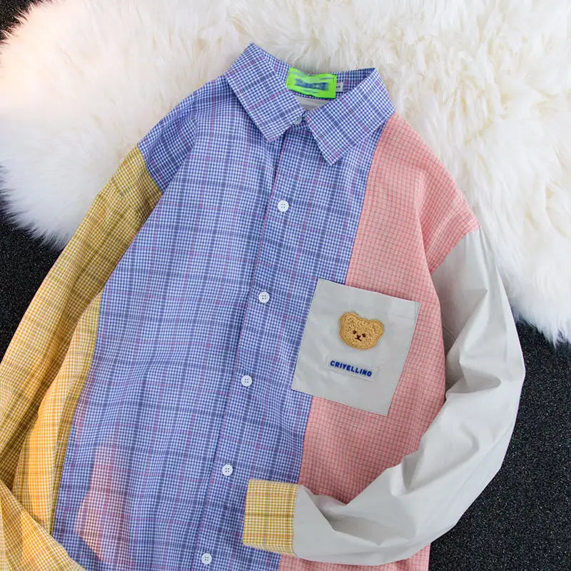 Design Sense Niche Contrast Color Stitching Plaid Shirt For Men And Women