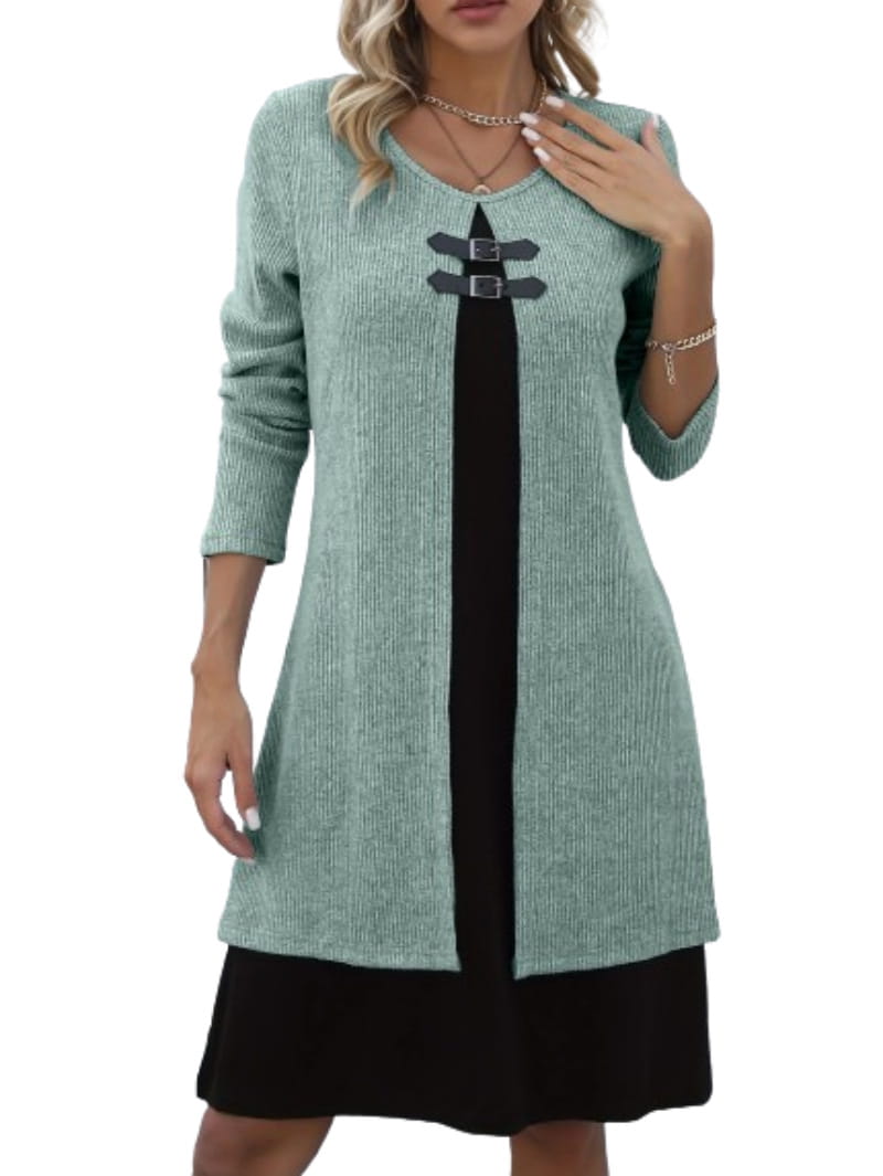 Contrast-color Sweater Dress With Buckle Design Fashion Round-neck Long-sleeved A-line Dresses Fall Wainter Women’s