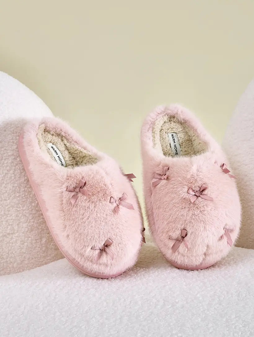 Women’s Cute Plush Home Slippers Butterfly Knot Cotton Slippers Comfortable Thick Bottom Outdoor Slippers Winter Indoor