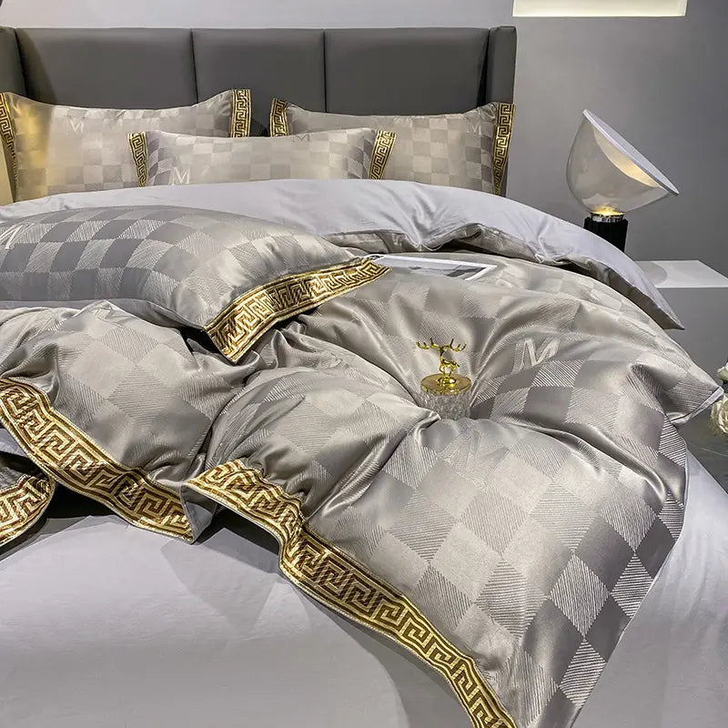 Luxurious gray and gold Silk Cotton Sheets Fitted Sheet Quilt Cover Bed bedding set.
