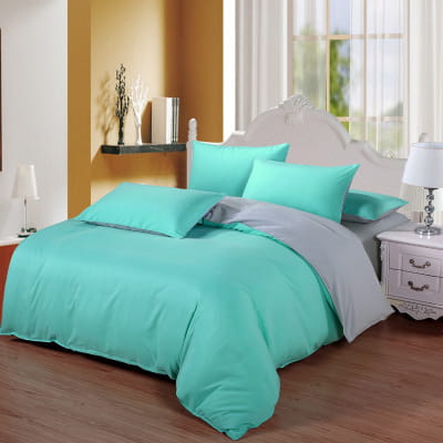 Turquoise and gray bedding set featuring quilt duvet cover in four-piece collection.
