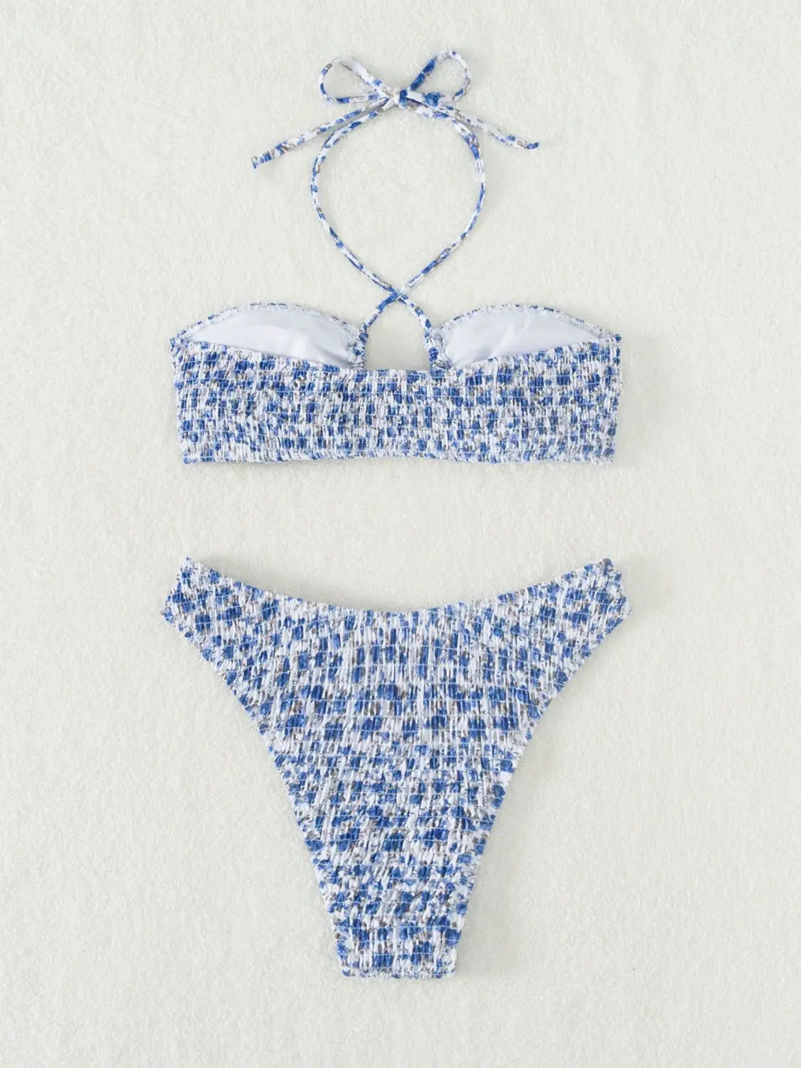 Summer Flowers Print Pleated Design Bikini Set Beach Fashion Halter Neck Swimsuit Womens Clothing
